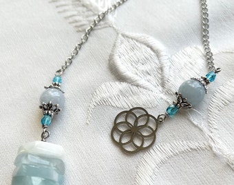 PENDULUM with pearls in aquamarine flower of life in 304 stainless steel in silver color for dowsing divination
