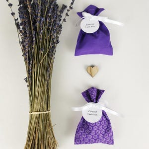 20 o 21 Ballotins per confetti, viola semplici o con fiori, nastro bianco, etichetta di carta personalizzata, battesimo bambina, matrimonio, sacchetti