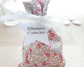 19 Candy Ballotins, Liberty Eloïse rosa, nastro bianco, etichetta di carta personalizzata, borsa, astuccio, battesimo, comunione, regalo