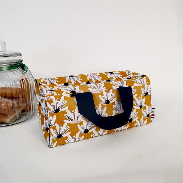 Sac à cake moutarde lotus, anses et intérieur tissu uni bleu marine, sac de transport, zéro déchet, sac à plat, porte repas, durable