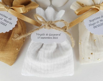 Balein with double gauze dragees plain white, natural jute cord, customizable paper label, bag, pouch, Wedding, baptism