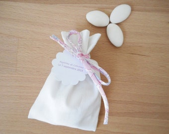 Ballotin à dragées blanc, cordon Liberty Betsy rose buvard, étiquette papier personnalisable, sachet, Mariage, Baptême fille, Communion