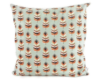 Housse de coussin 40x40 cm, tissu vert pâle imprimé feuilles de palmier, décoration intérieure, nature, exotique, tropicale, orange et vert