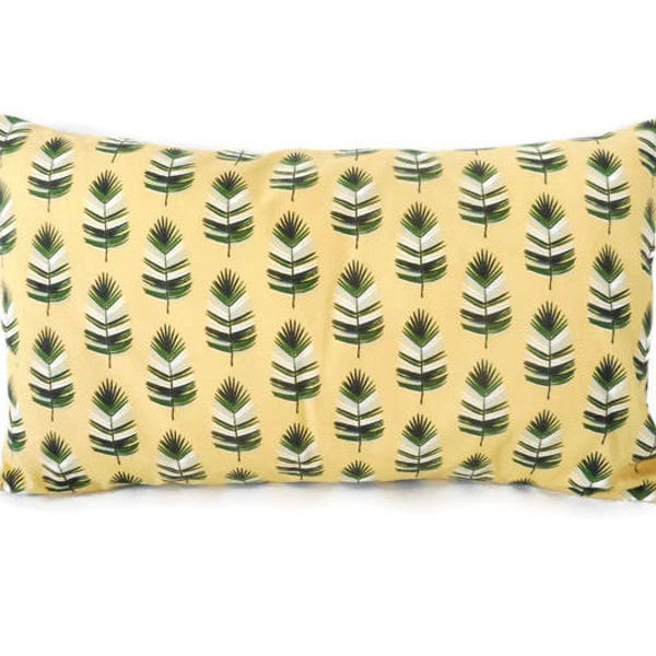 Housse de coussin 50 x 30 cm, tissu jaune imprimé feuilles de palmier, décoration intérieure, nature, exotique, tropicale, jaune et vert