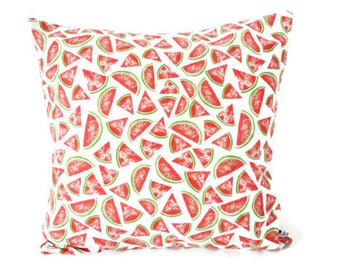 Housse de coussin 40 x 40 cm, tissu exotique imprimé pastèques, rouge et vert, décoration intérieure, exotique, tropicale, fruits, été