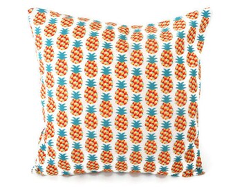 Housse de coussin 40 x 40 cm, tissu blanc imprimé ananas, vert rouge orange, décoration intérieure, tendance, exotique, tropical, fruits