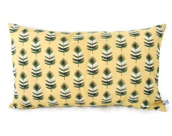 Housse de coussin 50 x 30 cm, tissu jaune imprimé feuilles de palmier, décoration intérieure, nature, exotique, tropicale, jaune et vert