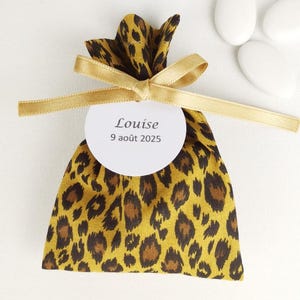 25 Candy Ballotins, leopardo, nastro dorato, etichetta di carta personalizzata, battesimo, bambina, comunione, addio al nubilato, matrimonio, felino, giallo e marrone