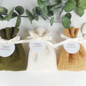 Ballotin di caramelle in doppia garza color bronzo, ecrù o cammello, nastro avorio, etichetta di carta personalizzabile, sacchetto, matrimonio, battesimo