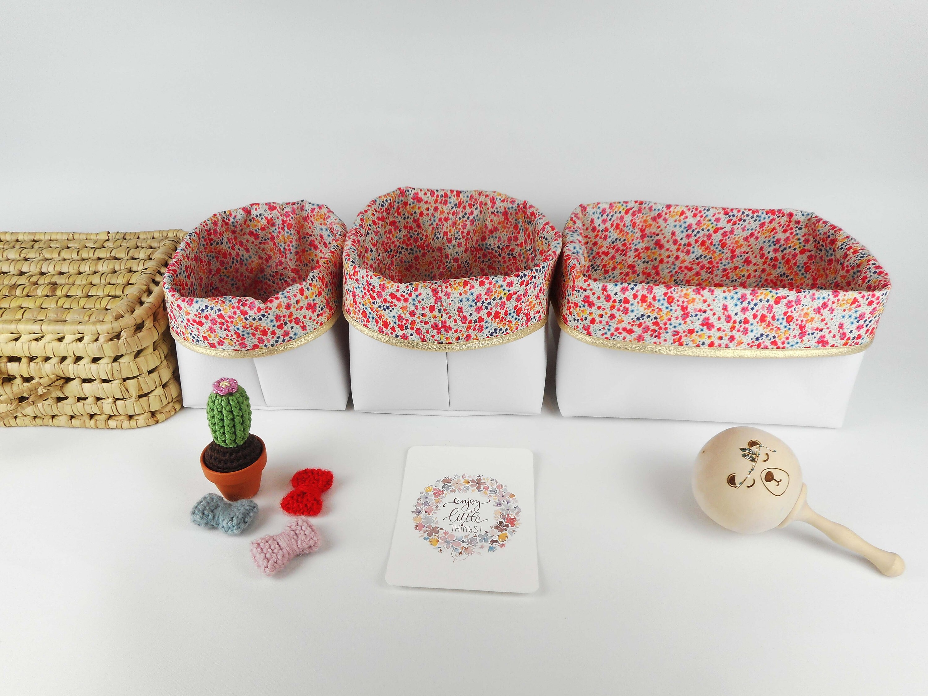 Lot 3 Paniers de Rangement, Petit Moyen et Rectangle, Simili Blanc, Liberty Phoebe Multicolore, Bord