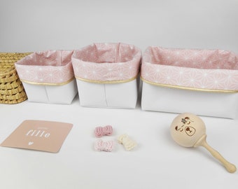 Lot 3 paniers de rangement, petit moyen rectangle, simili blanc tissu vert ou rose étoiles asanoha bord pailleté au choix, panière, pochon