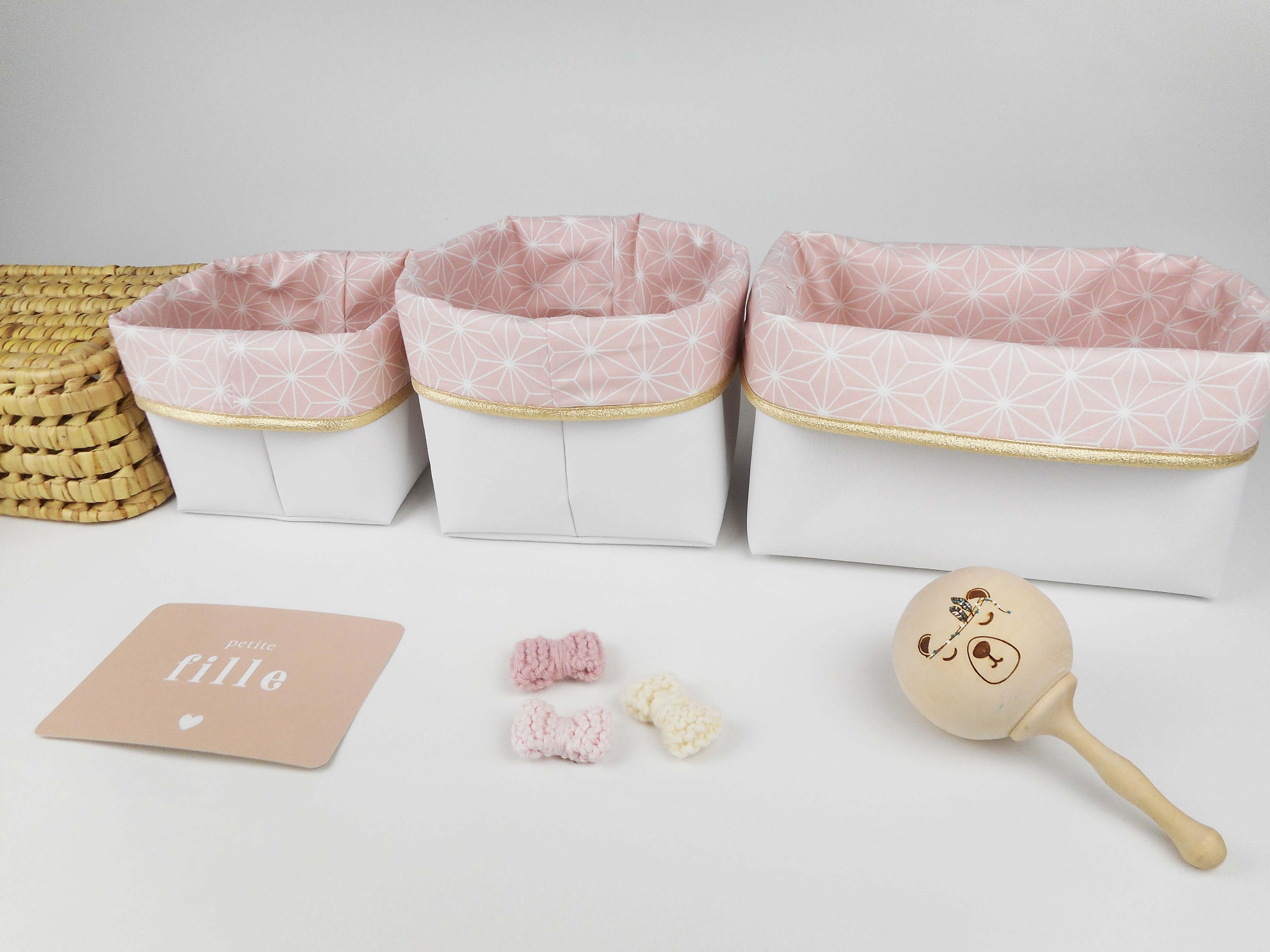 Lot 3 Paniers de Rangement, Petit Moyen Rectangle, Simili Blanc Tissu Vert ou Rose Étoiles Asanoha B