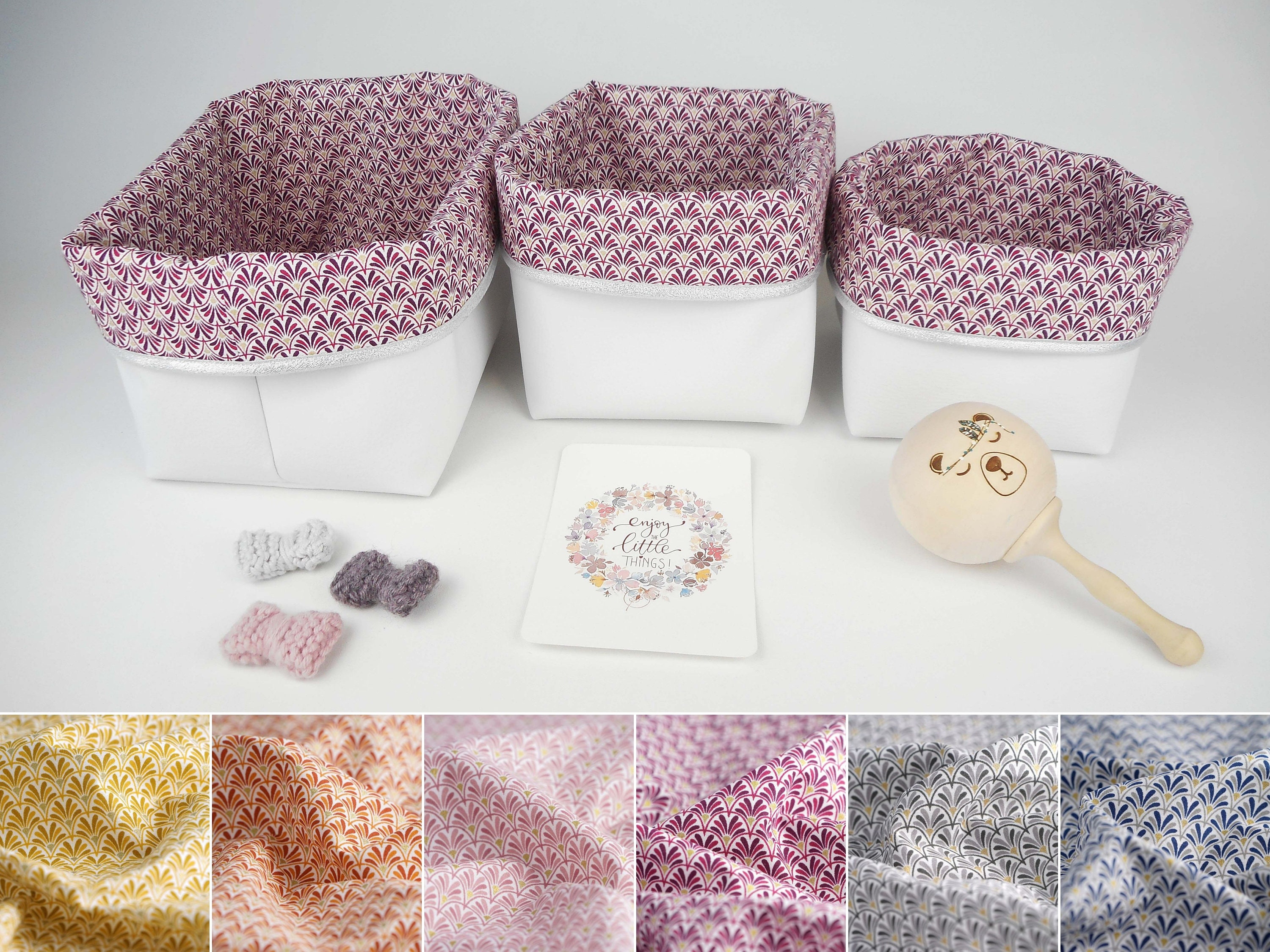 Lot 3 Paniers de Rangement, Petit Moyen Rectangle, Simili Blanc, Tissu Imprimé Éventails, 6 Coloris 