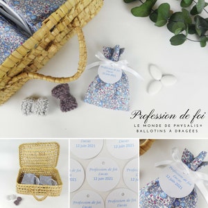 Wedding and Baptism dragee ballotin, Liberty Eloïse blue dragée fabric, white ribbon, personalized paper label, lavender blue eloïse image 2