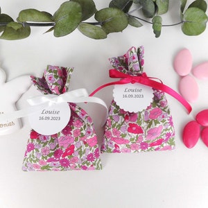 Liberty Poppy Forest scatola di caramelle rosa cremisi, nastro di raso bianco o fucsia, etichetta di carta personalizzata, borsa battesimo bimba