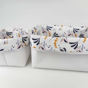 Lot 2 storage baskets, small and rectangle, imitation white fabric printed foliage, navy blue, mustard, pink, silver edge, pouch