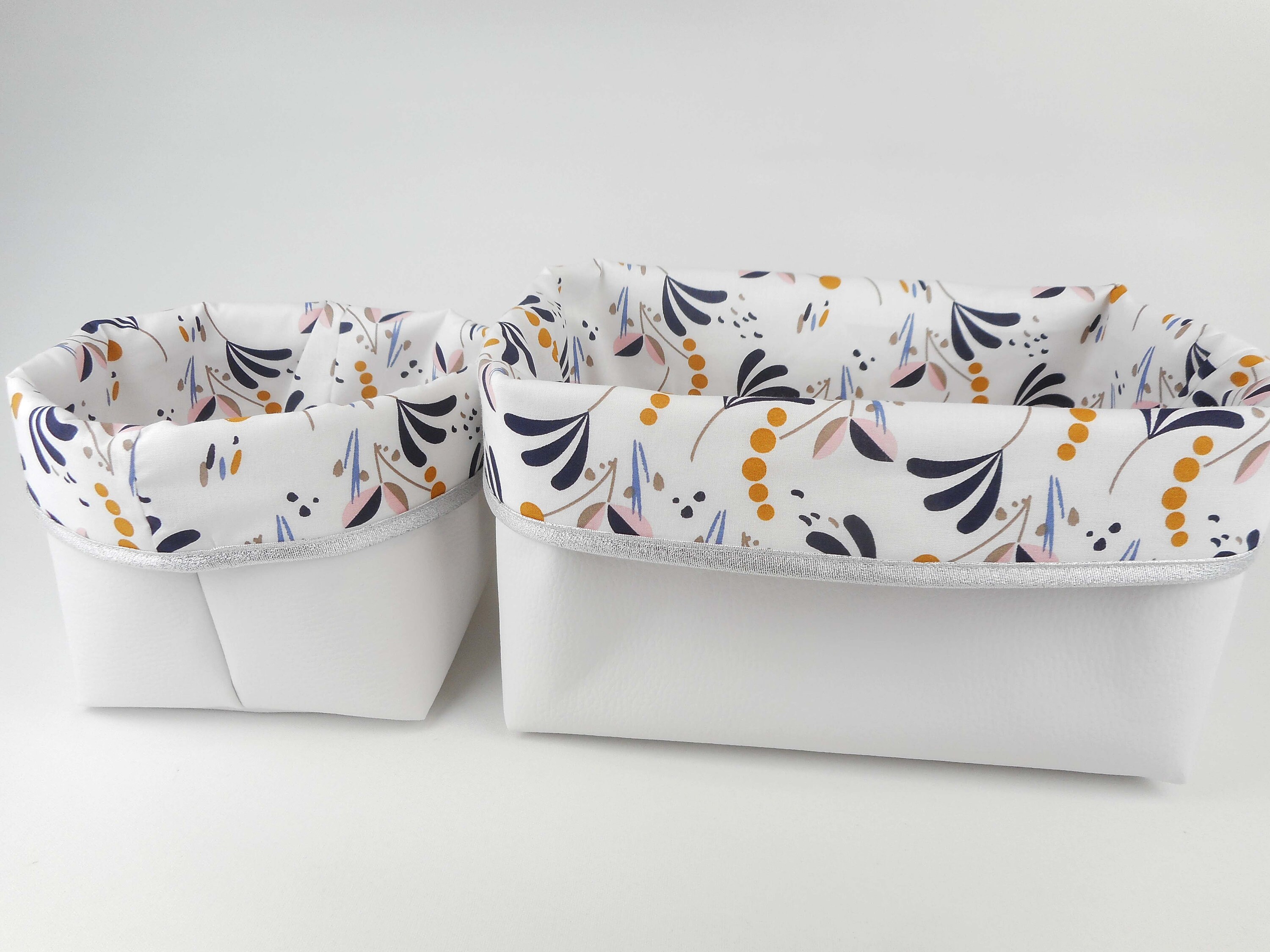 Lot 2 Paniers de Rangement, Petit et Rectangle, Simili Blanc Tissu Imprimé Feuillage, Bleu Marine, M