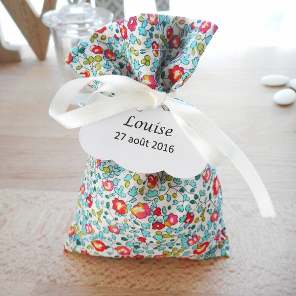 Ballotin à dragées Mariage et Baptême, Liberty Eloïse turquoise,ruban blanc, étiquette personnalisée, pochon, contenant à dragées, sachet