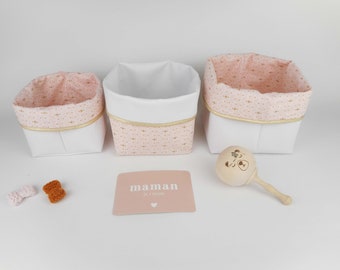 Storage basket, 4 sizes, white imitation, powder pink cube printed fabric, gold edge, changing table, baby, child, bedroom, girl