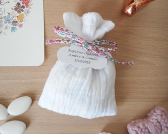 Double gauze white favor box, Liberty Eloïse pink cord, customizable paper tag, pouch, bag, Baptism, wedding
