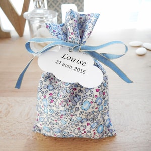 Ballotin à dragées Hochzeitstaufe, Liberty Eloïse blue dragée, blau-beige Band, personalisiertes Papieretikett, Lavendel, Beutel, Beutel