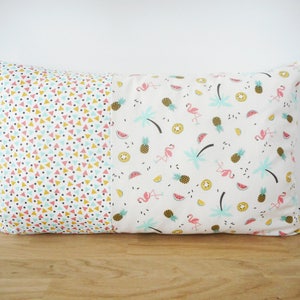 50 x 30 cm cushion cover, pineapple print fabric, watermelons, kiwis, limes, palms, flamingos and mini triangle, exotic image 2