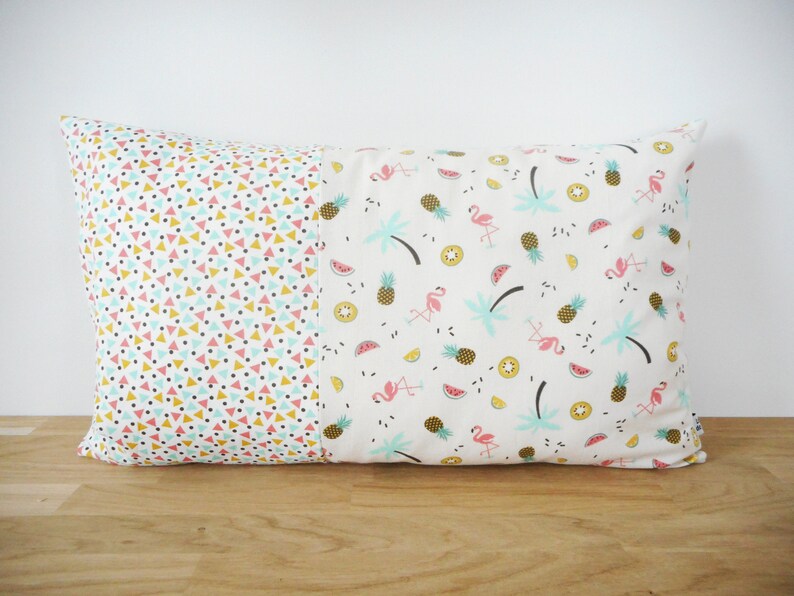 50 x 30 cm cushion cover, pineapple print fabric, watermelons, kiwis, limes, palms, flamingos and mini triangle, exotic image 2