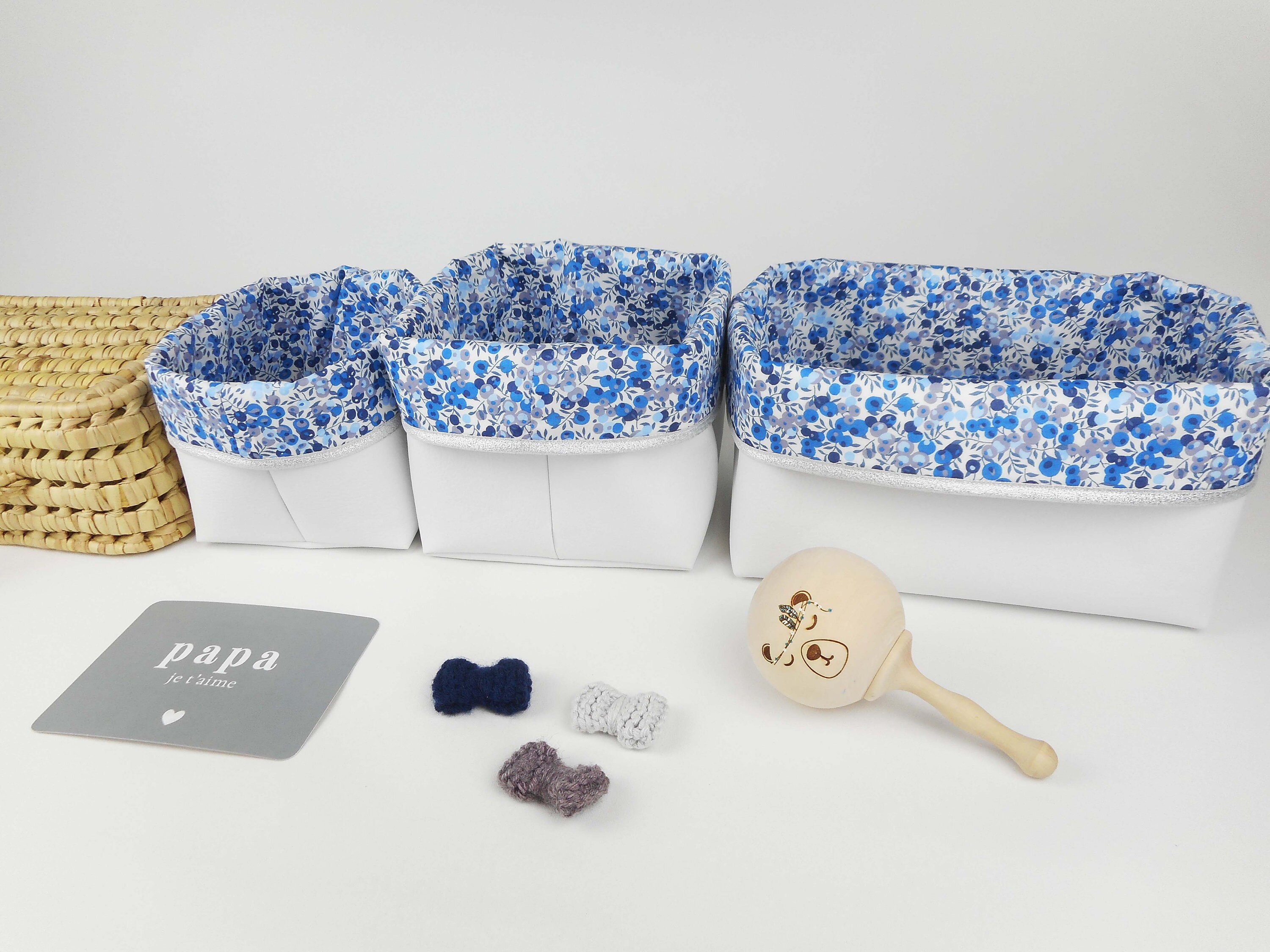 Lot 3 Paniers de Rangement, Petit Moyen Rectangle, Liberty Wiltshire Curaçao, Simili Blanc, Bord Au