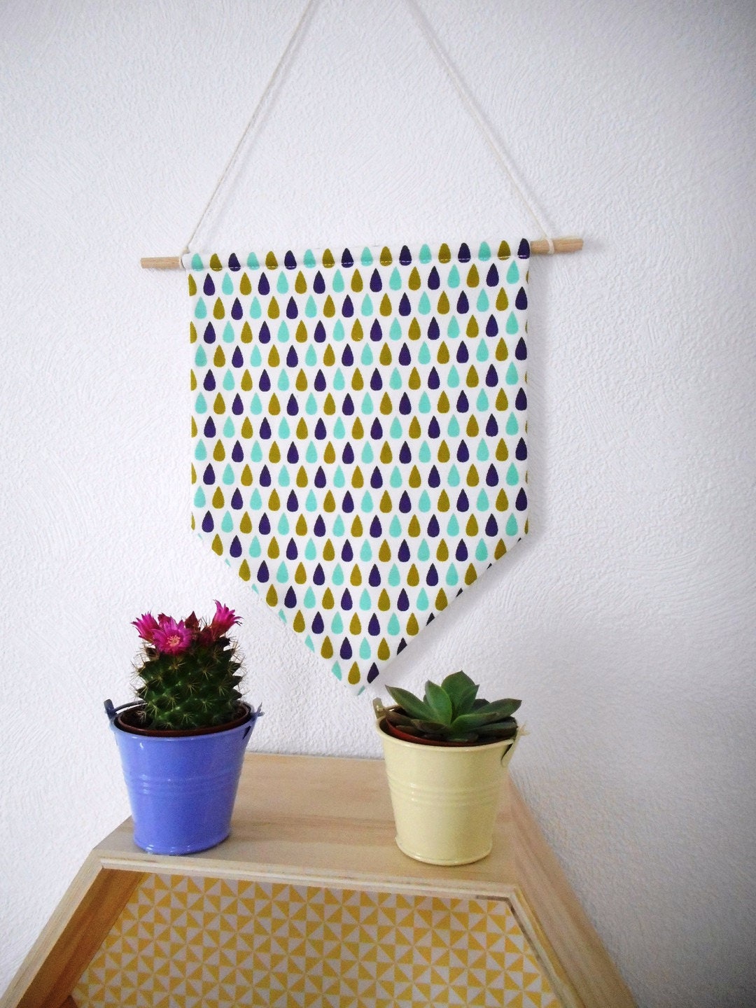 Bannière en Tissu Imprimé Gouttes, Fanion, Vert Bleu Violet, Décoration Murale, Guirlande, Scandinav