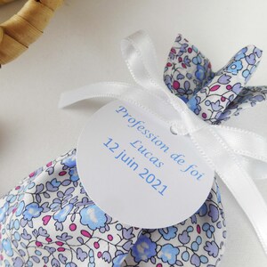 Wedding and Baptism dragee ballotin, Liberty Eloïse blue dragée fabric, white ribbon, personalized paper label, lavender blue eloïse image 3