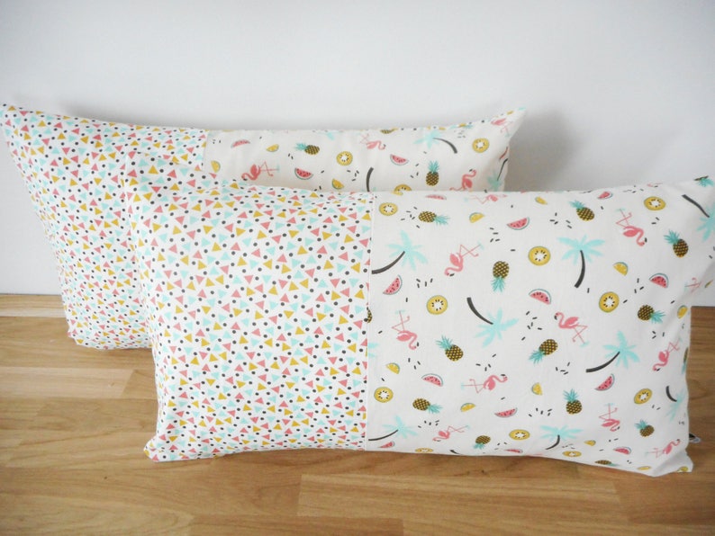 50 x 30 cm cushion cover, pineapple print fabric, watermelons, kiwis, limes, palms, flamingos and mini triangle, exotic image 5