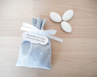 Ballotin with gray dragees printed white stars , White ribbon , Custom paper label , babyshower , baby , baptism , wedding