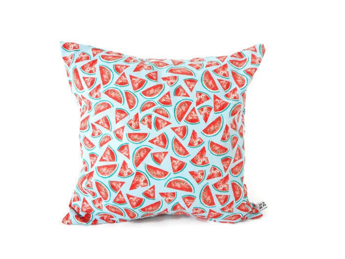 Housse de Coussin 40 X cm, Tissu Fantaisie Bleu Imprimé Pastèques Rouges, Décoration Intérieure, Mod