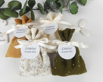 38, 27, 20 or 9 Various double gauze candy boxes, ivory ribbon, customizable paper label, bag, Wedding, baptism