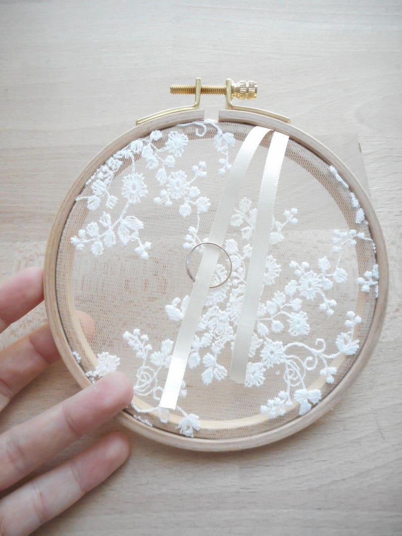 Wedding ring holder embroidery flowers, wood embroidery drum, romantic and country theme, satin ribbon white, ivory, or black, bohemian, Wedding image 10