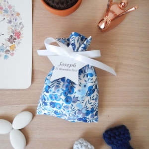 Liberty Wiltshire Curaçao candy box, satin ribbon, personalized paper label, pouch, communion, Baptism, Wedding, baby, blue