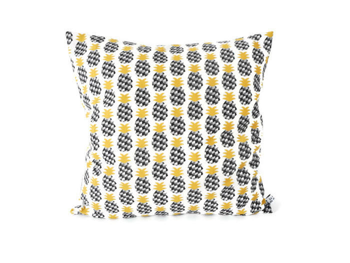 Housse de Coussin 40 X cm, Tissu Blanc Imprimé Ananas, Gris Noir Jaune, Housse Carrée, Style Exotiqu