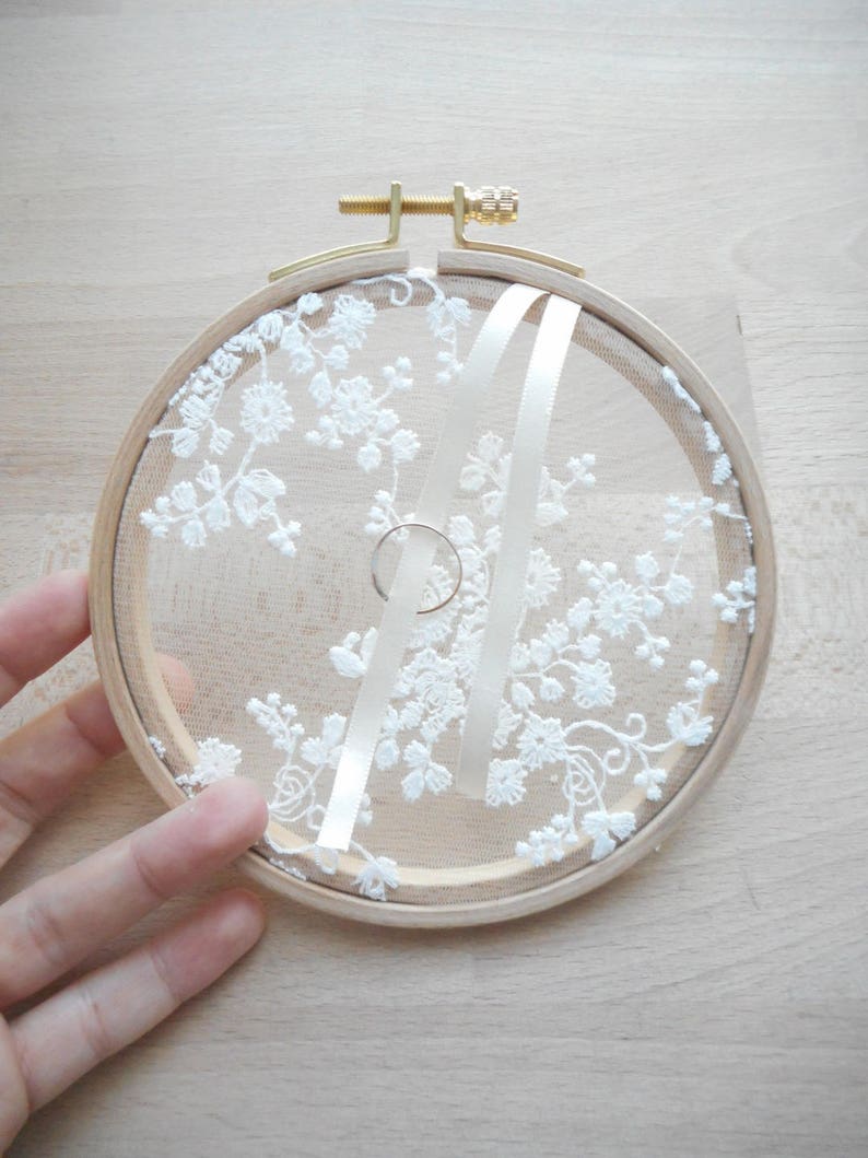 Wedding ring holder embroidery flowers, wood embroidery drum, romantic and country theme, satin ribbon white, ivory, or black, bohemian, Wedding image 1