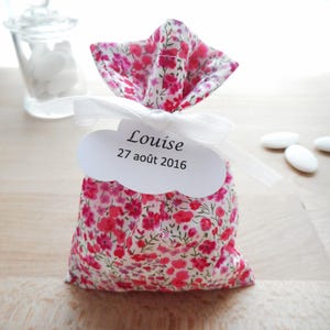 Wedding and Baptism favor box, Liberty Phoebe pink fabric, white satin ribbon, personalized paper label, communion, bag