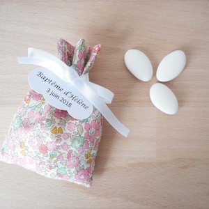 10 Ballotins à dragées Liberty Betsy Ann sweet pink , ruban blanc , étiquette papier personnalisable , sachet, mariage , baptême fille, rose