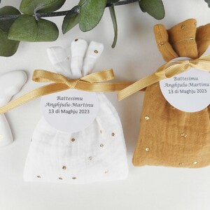 Ballotin with double gauze fabric, camel or white, gold polka dots, gold ribbon, customizable paper label, bag, Wedding, baptism image 6