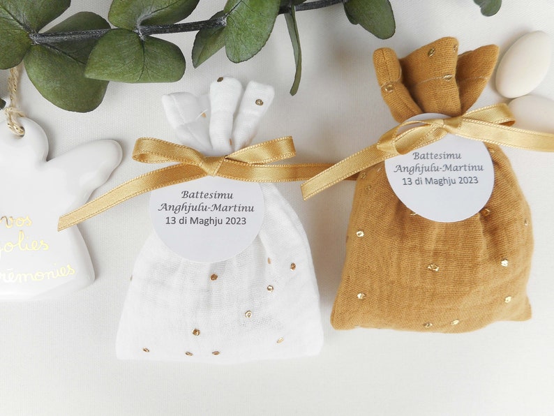 Ballotin with double gauze fabric, camel or white, gold polka dots, gold ribbon, customizable paper label, bag, Wedding, baptism image 6