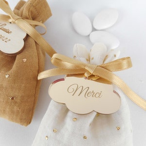 Bag dragees double gauze of camel or ecru cotton, golden peas, gold satin ribbon, wood or plexiglass labels, baptism, pouch, ballotin