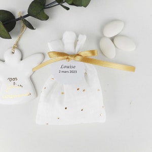 Ballotin with double gauze gold polka dots fabric, various colors, gold ribbon, customizable paper label, bag, Wedding, baptism image 6