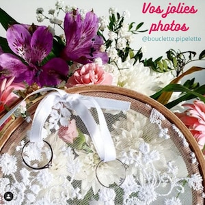 Porte alliances broderie fleurs, tambour à broder bois, thème romantique et champêtre, ruban satin blanc, ivoire, ou noir, bohême, Mariage image 5