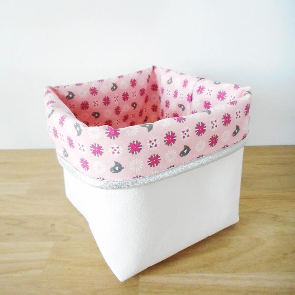Modell Kleinaufbewahrung Korb - weißem Kunstleder und rosa gedruckten Ziervögel - Rand glitzernde Silber - Organisation - Stoffbeutel