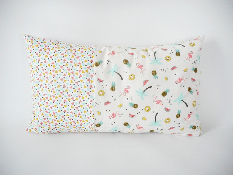 50 x 30 cm cushion cover, pineapple print fabric, watermelons, kiwis, limes, palms, flamingos and mini triangle, exotic image 4