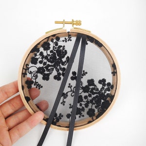 Wedding ring holder embroidery flowers, wood embroidery drum, romantic and country theme, satin ribbon white, ivory, or black, bohemian, Wedding image 9