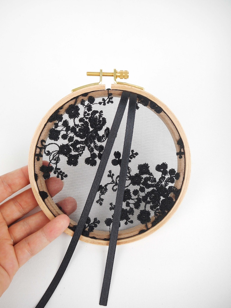 Wedding ring holder embroidery flowers, wood embroidery drum, romantic and country theme, satin ribbon white, ivory, or black, bohemian, Wedding image 9