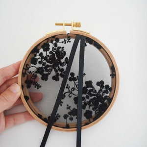 Wedding ring holder embroidery flowers, wood embroidery drum, romantic and country theme, satin ribbon white, ivory, or black, bohemian, Wedding image 8